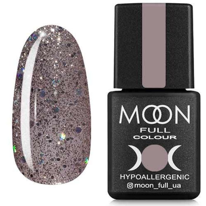 Гель-лак MOON FULL color Gel polish №323 (сріблясто-бежевий з різнобарвним глітером), 8 мл