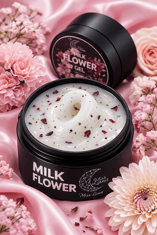 Гель для нарощування з сухоцвітами Miss Luna Milk Flower Gel 03, молочний гель з бордовими сухоцвітами