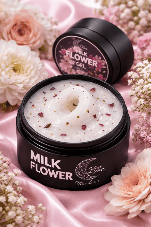 Гель для наращивания с сушеницами Miss Luna Milk Flower Gel 04, молочный гель с розовыми сухоцветами