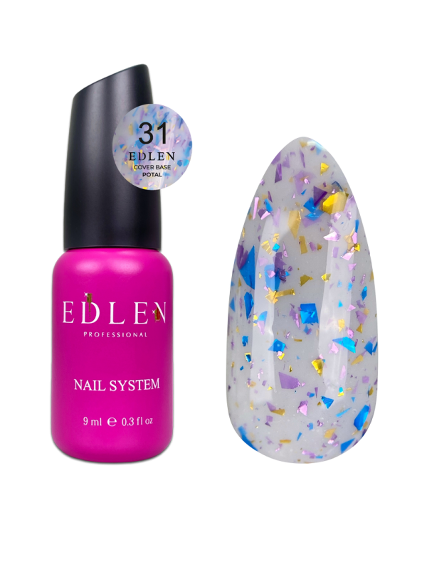 База Edlen Cover base 9мл 31 молочный с синей, фиолетовой и золотой поталью