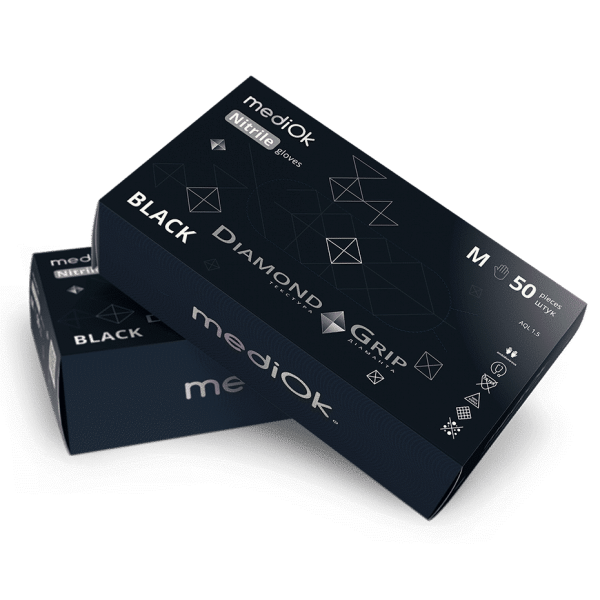 Перчатки нитриловые Mediok Diamond Grip Black (черные) плотность 8г, текстурированные