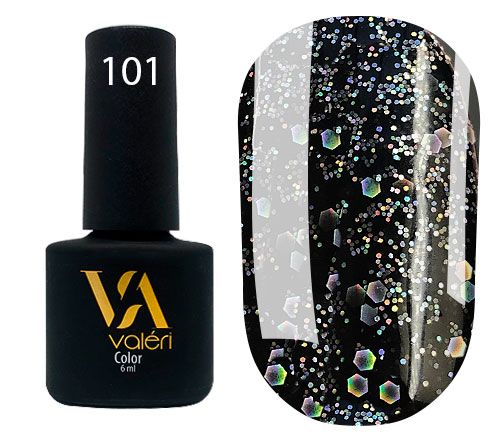 Гель-лак Valeri №101 (чорний з голографічними блискітками), 6 мл