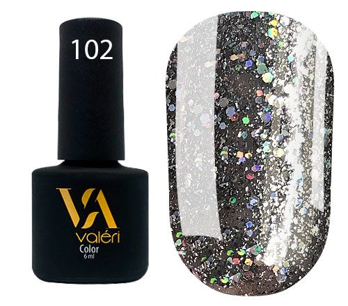 Гель-лак Valeri №102 (темно-сірий з голографічними блискітками), 6 мл