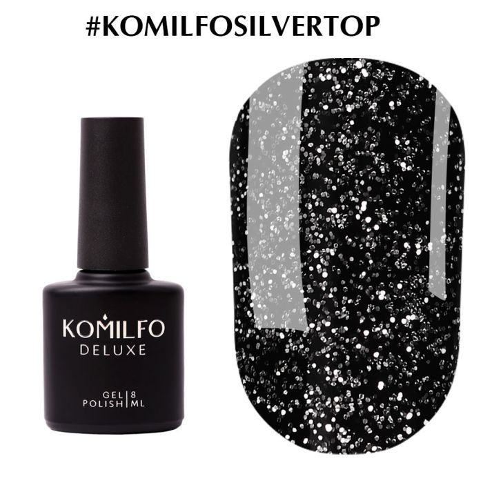 Komilfo No Wipe Silver Top – топ для гель-лаку з шиммером без липкого шару з УФ-фільтрами, 8 мл