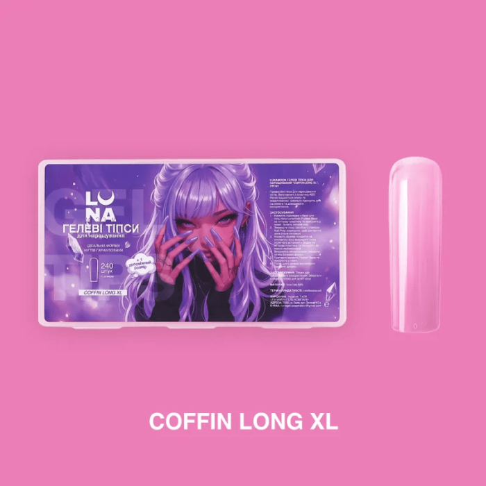Гелеві тіпси для нарощування нігтів LUNA Coffin Long XL 