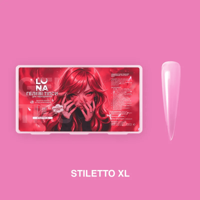 Гелевые типсы для наращивания ногтей LUNA Stiletto XL 