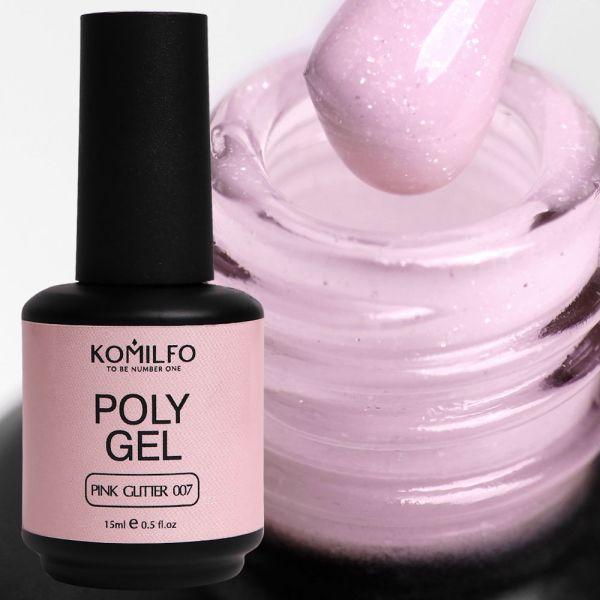 Рідкий полігель Komilfo PolyGel 007 Pink Glitter, 15 мл (з шиммером)
