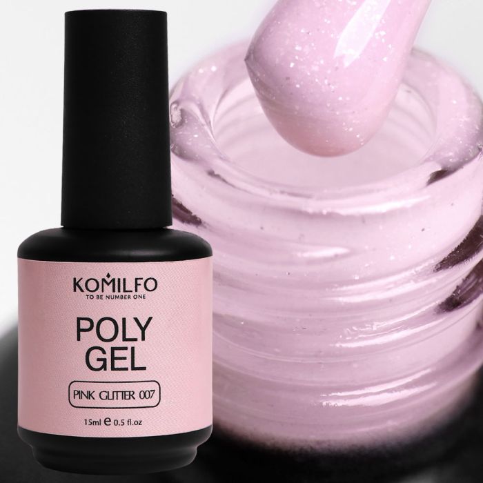 Рідкий полігель Komilfo PolyGel 007 Pink Glitter, 15 мл (з шиммером)