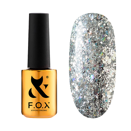 Гель-лак F.O.X Radiance 002 серебро, со слюдой, шестигранниками и мелкими блестками разных оттенков, 7 мл