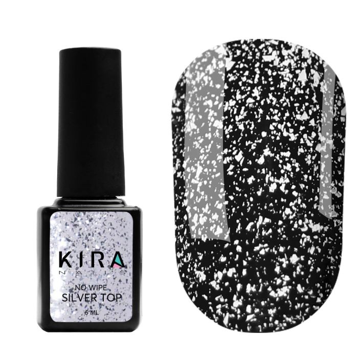 Топ без липкого шару з срібним мікроблиском Kira Nails No Wipe Silver Top 6 мл
