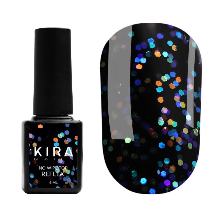 Топ без липкого шару Kira Nails No Wipe Top Reflex з голографічною крихтою, 6 мл