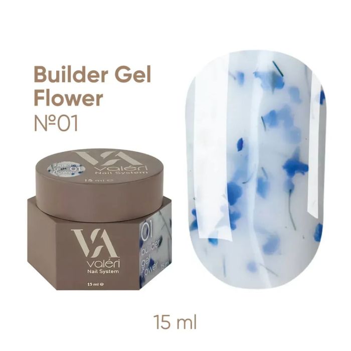 Гель для нігтів Valeri Builder Gel Flower 01 молочний з блакитними сухоцвітами 15 мл