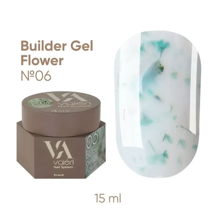 Гель для ногтей Valeri Builder Gel Flower 06 молочный с бирюзовыми сухоцветами 15 мл